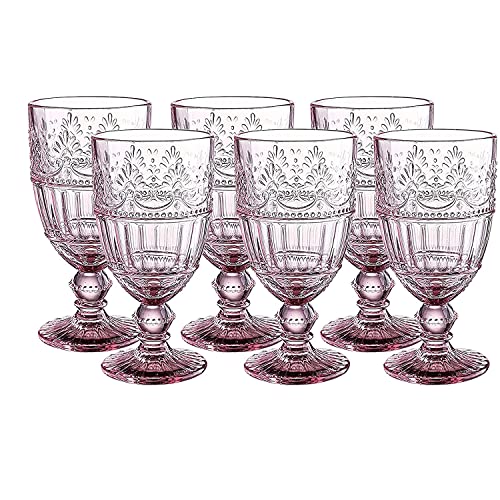 WHOLE HOUSEWARES  Coloured Glass Goblet  Set of 6 Vintage Drinking Glasses  115 oz Embossed Design  Wedding Party Glass Set of 6 (Pink)
