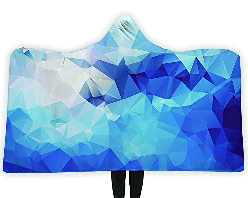RAISEVERN Wearable Blanket Women Men Hooded Blanket 3D Printed Geometric Novelty Adult Plush Poncho with Sleeve Throw Lightweight Soft Sherpa Fleece Warm Winter for Home Sofa Bed 75X60 Inch Blue