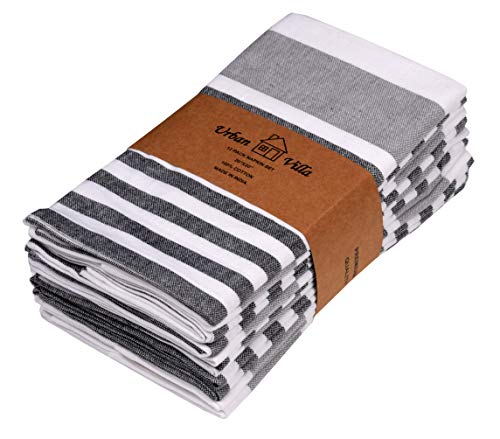 Urban Villa Horizontal Stripes Set of 12 Dinner Napkins (20X20 Inch) 100 Cotton Premium Over Sized Cloth Napkins with Mitered Corners Ultra Soft Durable Hotel Quality (GreyBlack)