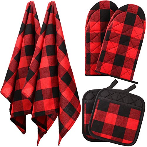 6 Pieces Christmas Buffalo Plaid Pot Holders Kitchen Towels Oven Mitts Dish Towels Set Potholder Gloves Heat Resistant Non Slip Holder for Baking BBQ Cooking Grilling Home Decor (Red and Black)