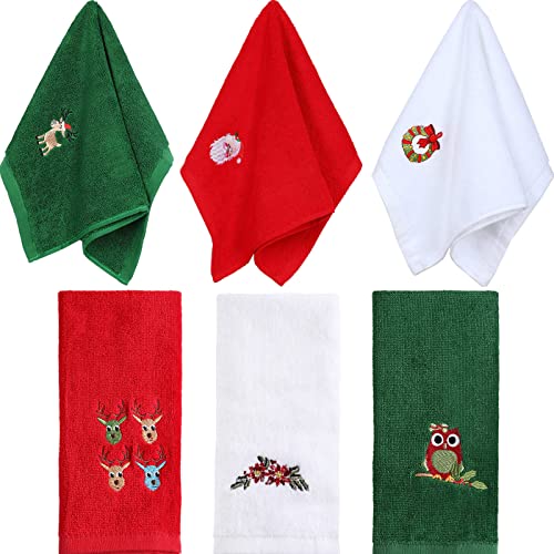 6 Pieces Christmas Kitchen Towels Christmas Embroidery Dish Towels Red Green White Hand Towels Tea Towels Decorative Christmas Kitchen Dish Towels for Christmas Home Kitchen Bathroom 12 x 18 Inches