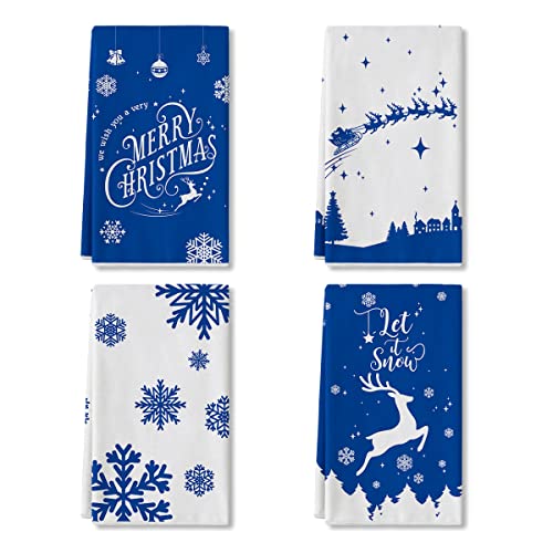 Artoid Mode Elk Snow Merry Christmas Kitchen Towels and Dish Towels Blue 18 x 26 Inch Winter Xmas Holiday Ultra Absorbent Drying Cloth Tea Towels for Cooking Baking Set of 4