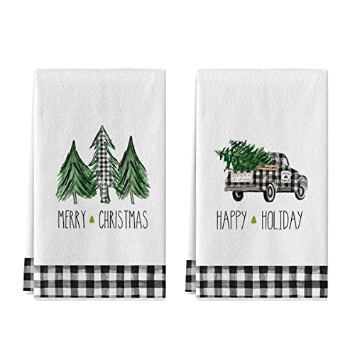 Artoid Mode Happy Holiday Buffalo Plaid Truck Trees Kitchen Towels and Dish Towels Merry Christmas 18 x 26 Inch Winter Xmas Holiday Ultra Absorbent Drying Cloth Tea Towels for Cooking Baking Set of 2