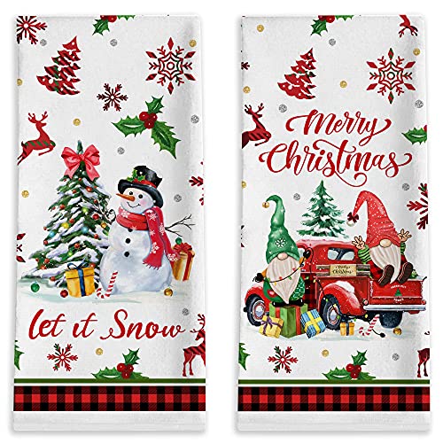 Christmas Hand Towels Bathroom Merry Christmas Tree Snowman Kitchen Towels 18x28 Gnomes Red Buffalo Plaid Truck Holiday Dish Tea Towel Housewarming Gifts Decorations for New Home Sets of 2