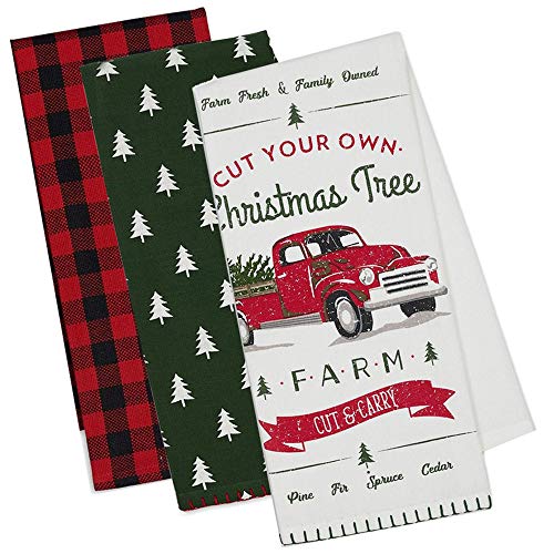 DII Christmas Farmhouse Kitchen Towels Set of 3  Christmas Vintage Red Truck Dish Towels Collection with Holiday Kitchen Towel Printed Logger Checks 100 Cotton