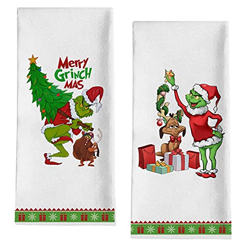 Seliem Merry Christmas Decorative Kitchen Dish Towel Funny Red Green Xmas Tree Dog Bath Fingertip Towel Tea Bar Hand Drying Cloth Winter Holiday Puppy Farmhouse Decor Home Decorations 18 x 28 Inch