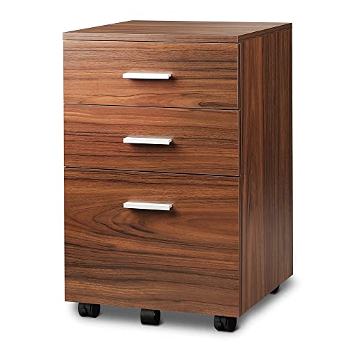 DEVAISE 3 Drawer Mobile File Cabinet Wood Filing Cabinet fits A4 or Letter Size for Home Office Walnut
