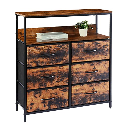 Kamiler Rustic 6 Drawers Dresser with Open Shelf Closet Storage OrganizerVersatile Cabinet with Sturdy Steel FrameWood Shelf and Removable Fabric Bins for BedroomLiving RoomHallwayHotel