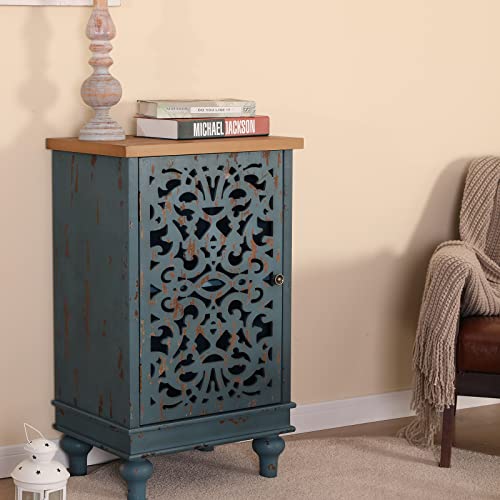 MAISON ARTS Accent Storage Cabinet Side Table for Living Room Bedroom Buffet Sideboard Decorative Distressed Farmhouse Kitchen China Cabinet with Hollow Carved Doors Blue