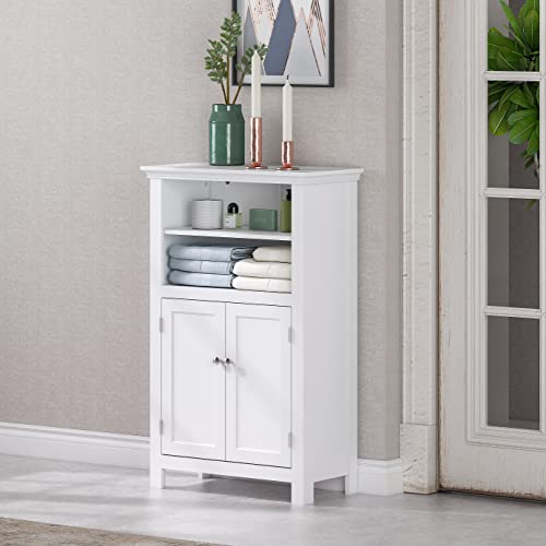 UTEX Bathroom Floor CabinetFree Standing Storage CabinetWood Storage Organizer for Bathroom Bedroom Living RoomWhite