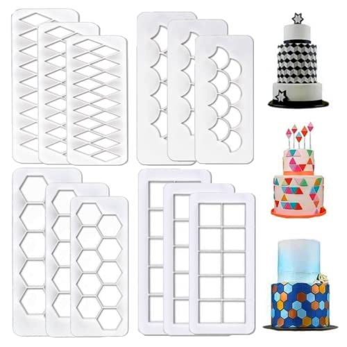 12 Pieces Cake Mold Cookie Fondant CuttersGeometric Biscuit Cutters Cake Embossing Mold Square and Hexagon Cookie CuttersFish Scale Fondant Cutters for Birthday Cake Cupcake Decorating