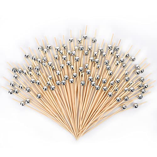 120 PCs Bamboo Cocktail Picks  Silver Beads  47 inch Long Fancy Cocktail Toothpicks for drinks and appetizers Environment Friendly BPAFree  food picks Party Supplies