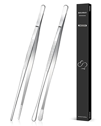 2 Pcs 12inch Cooking Tweezers Tongs Precision Serrated Tips Stainless Steel Professional Chef Tweezer Kitchen Tools for BBQ Plating and Serving（Silver）