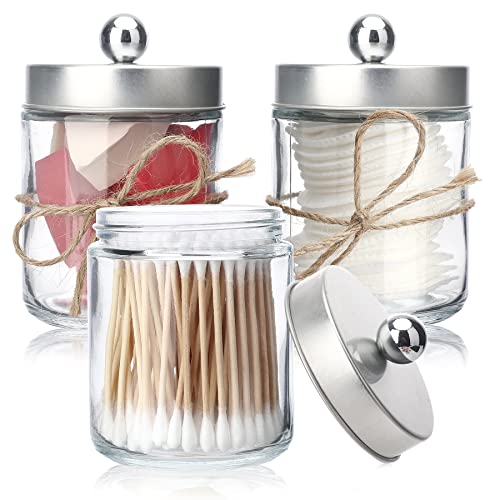 3 Pack Apothecary Jars Bathroom Organizer Set for Cotton Swab Ball Cotton Pad Floss  Clear Glass Qtip Holder with Silver Metal Lids Vanity Canister with Cute Stickers  Rustic Hemp Ropes