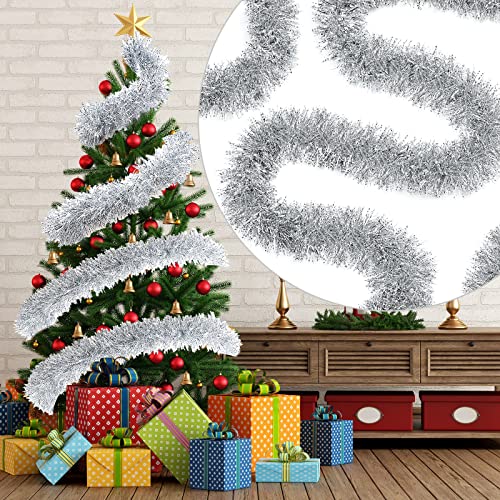 50 Feet Christmas Tinsel Garland Halloween Tinsel Garland Metallic Twist Garland Frost Tip Xmas Hanging Decoration for Indoor and Outdoor Halloween Decor Disco 35 Inch Wide (Silver)