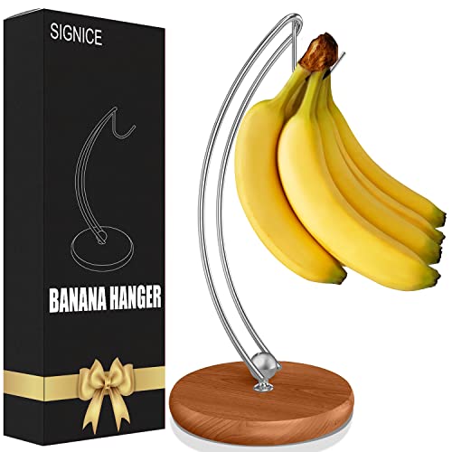Signice Banana Holder Stand  Newest Patented Modern Banana Tree Hanger with Wood Base Stainless Steel Banana Rack for Home Kitchen UseDoesnt Tip Over (New Silver)