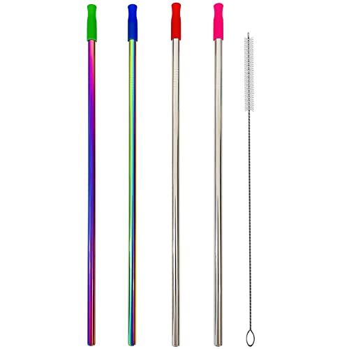 Wobye 4Pack 12 Inch Extra Long Stainless Steel Straws 032 Inch Big Wide Reusable Drinking Straws Ultra Long Metal Straws with Silicone Tips and Cleaning Brush (2 Colorful Straws2 Silver Straws)