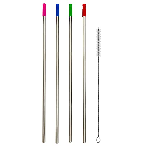 Wobye 4 Pieces 14 Reusable Big Stainless Steel Straws 032 Wide Extra Long Metal Drinking Straw for 100oz Tumblers Travel Mugs with 4 Silicone Tips and 1 Cleaning Brush(Silver)