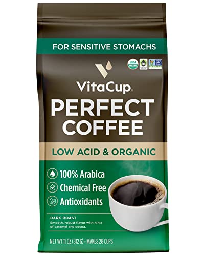 VitaCup Perfect Low Acid Coffee Ground Dark Roast Coffee USDA Organic  Fair Trade Third Party Tested for Mycotoxins  Pesticides  Guatemala Single Origin Clean  Pure 11 ounces