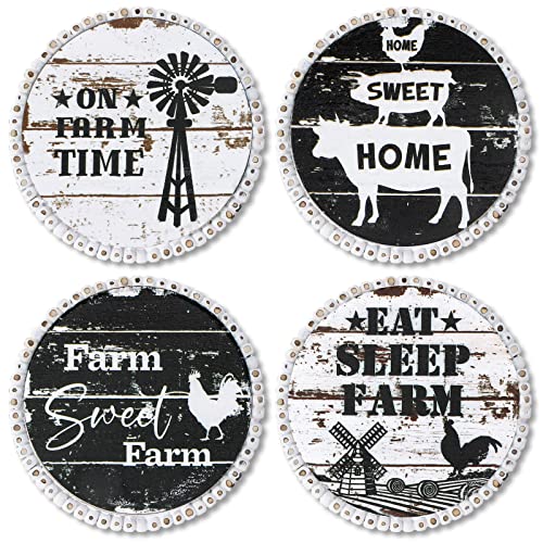 4 Pieces Farmhouse Coasters for Drinks Beaded Wood Coasters for Coffee Table Rustic Style Farm Sweet Farm Animal Coaster Set Round Beaded Windmill Coasters for Housewarming Bar Home Kitchen Decor