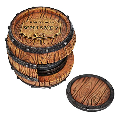 5pc Whiskey Bourbon Barrel Drink Coasters Unique Bar Decor  Accessories Beer  Whiskey Glass Coaster  Home Decorations for Dining Room or Home Bar  Modern Coaster Set with Holder for Man Cave
