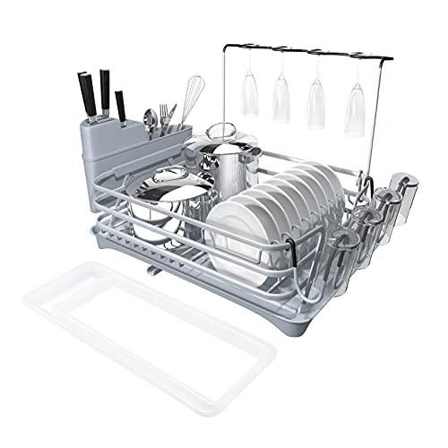 Aluminum Dish Drying Rack Compact Rustproof Dish Rack and Drainboard Set with Removable Cutlery and Cup Holder (Grey)