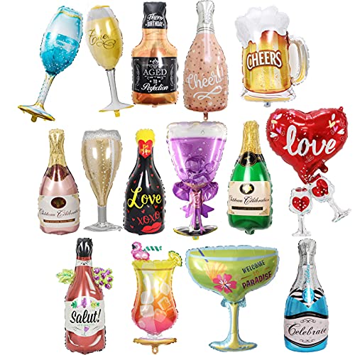 Bixzegg 15PCS Aluminum Foil Helium Mylar Beer Balloons for Men Champagne Bottle Goblet Hydrogen Whiskey Beer Cup Balloon for Birthday Engagement Graduation Anniversary Wedding Ceremony Party