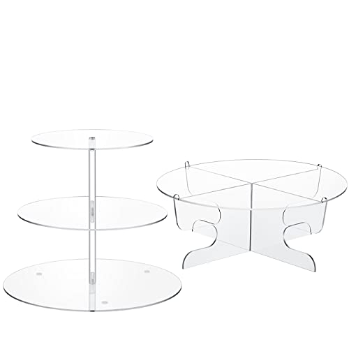 2 Pcs Acrylic Cupcake Stand Set Including 3 Tier Clear Dessert Tower Holder Display and 1 Tier Round Cupcake Holder Stand with Base Reusable Serving Cupcake Tower Stand for Wedding Baby Shower Party