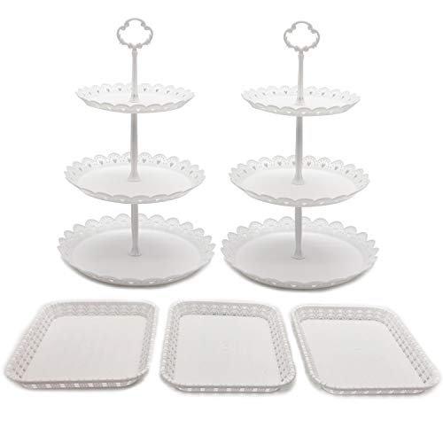 FEOOWV Set of 5 Pcs Round 3Tier Cake Stand Party Food Server Display Stand with Plastic Serving Trays for Wedding Birthday Party Decor (Style B)