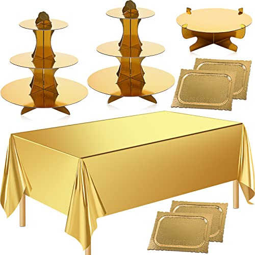 Gold Tablecloth 54 x 108 Inch Plastic Tablecloth with 7 Pieces Gold Cake Stand Set 3 Tier Cardboard Cupcake Stand 1 Tier Round Dessert Stand Rectangle Serving Tray for Desserts Birthday Party