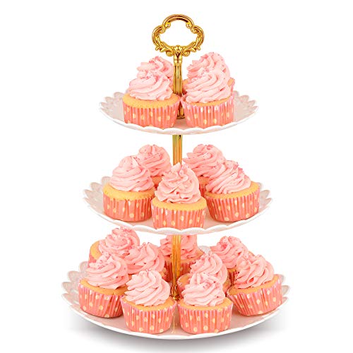 NWK Large 3Tier Cupcake Stand 109Inch Plastic Serving Tray for Wedding Birthday Baby Shower Summer Autumn Halloween Party (Gold)