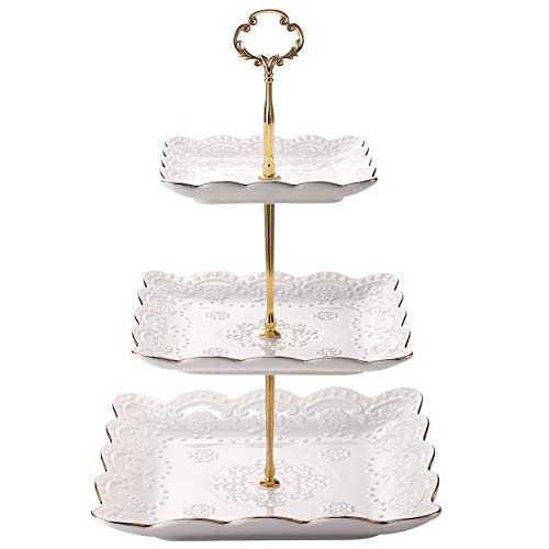 Sumerflos 3Tier Square Porcelain Cake Stand White Rimmed with Gold Embossed Cupcake Dessert Stand  Tiered Serving Tray for Tea Party and Baby Shower