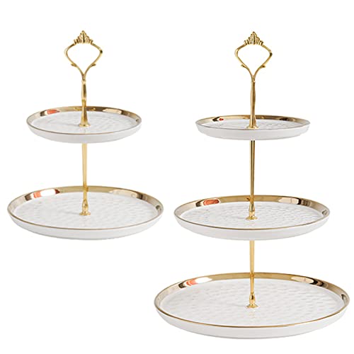 Tosnail Set of 2 Porcelain Cupcake Stand Ceramic Dessert Stand Tiered Serving Trays with Gold Rod 3 Tiers and 2 Tiers Cake Stand Party Serving Trays Fruit Pastry Holders for Wedding and Party