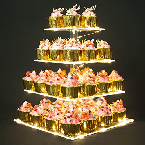 Cupcake Stand 4 Tier Acrylic with Lights HOMEASY Tiered Square Cupcake Display Holder Stand with LED Light String for Wedding Birthday Party Dessert Table Warm White Light