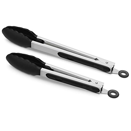 2 Pack Black Kitchen Tongs Premium Silicone BPA Free NonStick Stainless Steel BBQ Cooking Grilling Locking Food Tongs 9Inch  12Inch