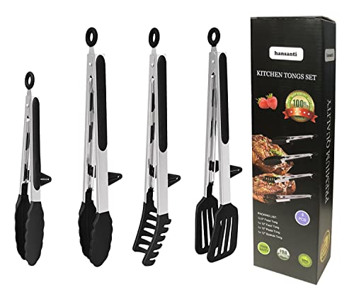 4 Pack Silicone Kitchen Cooking Tongs Set Stainless Steel Nonstick Food Tong with BPA Free Silicone Tips for Serving Pasta Spaghetti Steak Pie Pizza Salad Vegetable Fruit Grilling BBQ Buffet 9  12