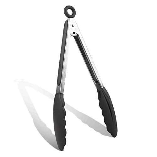 9 Inch Kitchen Tongs Nonstick Silicone Tongs Bpa Free Cooking Tongs Stainless Steel Salad Tongs for Cooking with Silicone Tips High Heat Resistant to 480°F (Black)