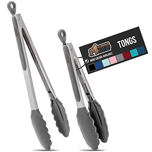 Gorilla Grip Stainless Steel Silicone Tongs for Cooking Set of 2 Includes 9 and 12 Inch Locking Kitchen Tong Heat Resistant Tip Strong Grip for Meat Perfect for Nonstick Pans BBQ Gray
