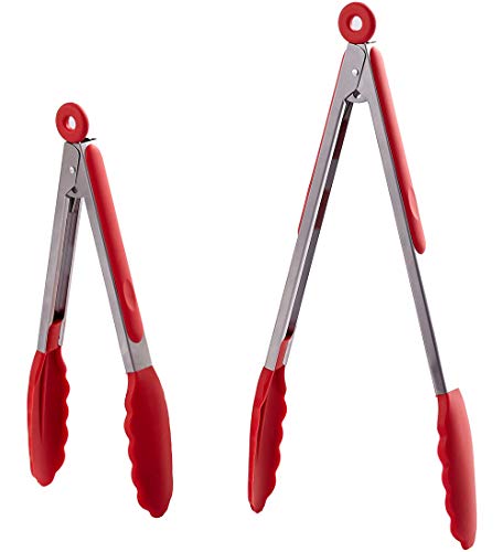 HiramWare Kitchen Tongs Set of 2  9 inch  12 inch  Stainless Steel Food Tongs with Silicone Tips  Premium Locking Nonstick Tongs for Cooking BBQ Grilling Salad  Heavy Duty BPA Free(Red)