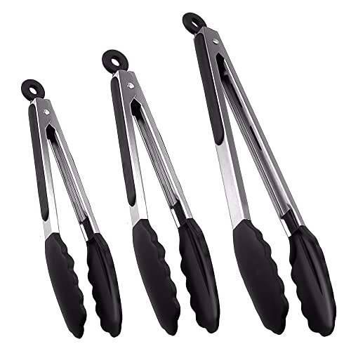 Kitchen Tongs Set of 3 Silicone Tongs for Cooking Stainless Steel Metal Food Tongs with NonStick Silicone Tips for Food Grill Salad BBQ Frying Serving (7912)