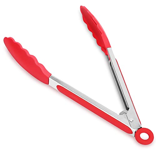 Unzano Silicone Tongs for Cooking 9 Inch Stainless Steel Locking Kitchen Tong with High HeatResistant NonStick Silicone Tips Strong Grip for Nonstick Pans Grill Salad BBQ Frying Baking (Red)
