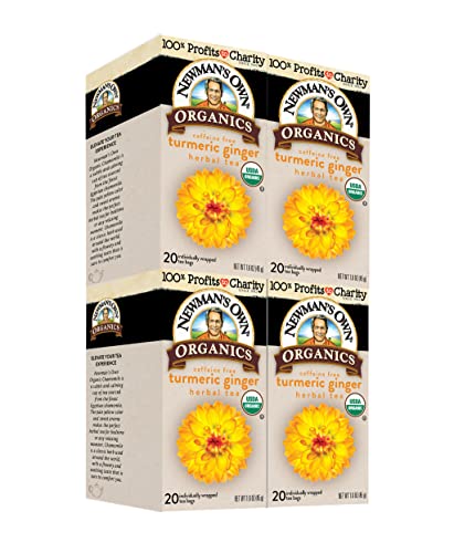 Newmans Own Organic Turmeric Ginger Herbal Tea CaffeineFree May Aid Digestion and Boost Immunity Turmeric Tea with20 Individually Wrapped Tea Bags Per Box (Pack of 4) USDA Certified