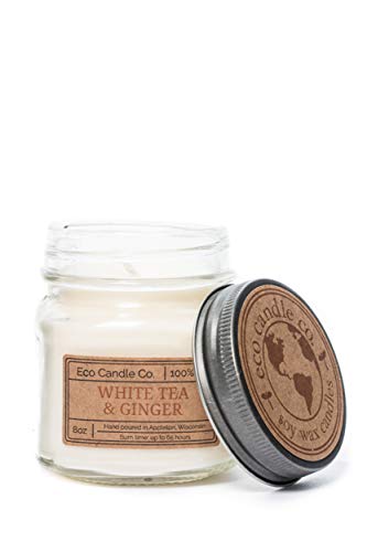Eco Candle Co Mason Jar Candle White Tea  Ginger 8 oz  Scents of White Tea Spices Citrus Jasmine  Ginger  100 Soy Wax No Lead Kraft Label  Antiqued Pewter Lid Hand Made
