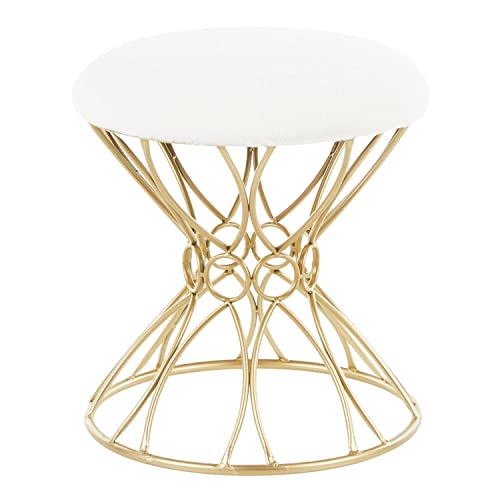 LumiSource Jasmine Vanity Stool with Gold and White Finish B18JASMINE PLSH AUW Gold Metal White Plush Fabric 16 x 16 x 18