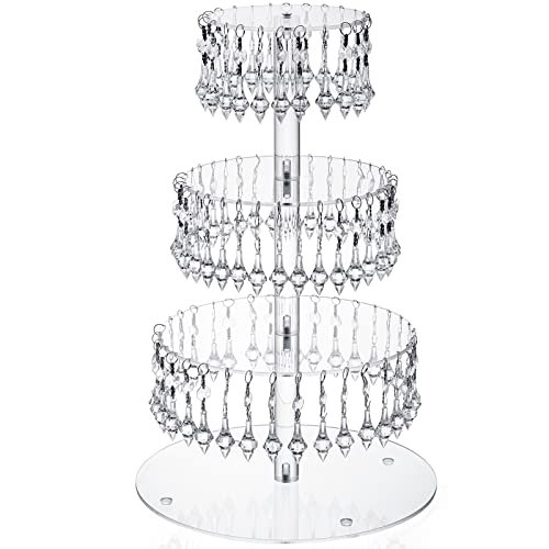 Dicunoy 4 Tier Crystal Cupcake Stand Round Acrylic Cake Display Tower Macaron Dessert Pastry Stand Holder with Chandelier Beads for Wedding Dessert Table Christmas New Year Birthday Party