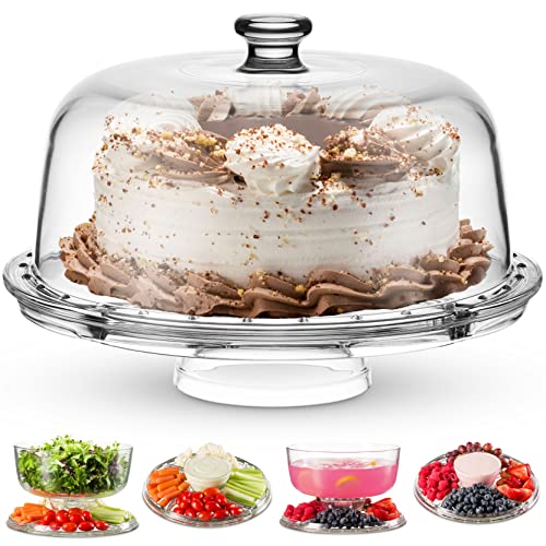 Godinger Cake Stand and Serving Plate Platter with Dome Lid 6 in 1 MultiPurpose Use Italian Made Crystal Glass Footed Cake Stand Salad Bowl Cake Plate Fruit Platter