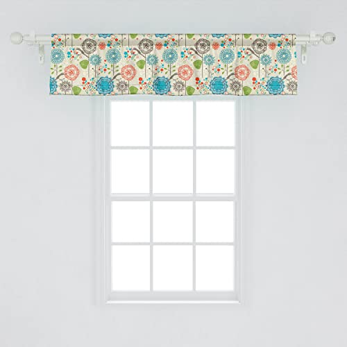 Ambesonne Floral Window Valance Pack of 2 Retro Doodle Flower Field Dandelions Daisy Birds Circles Cheerful Image Rod Pocket Curtain Valances for Kitchen Bedroom 54 X 12 Cream Blue