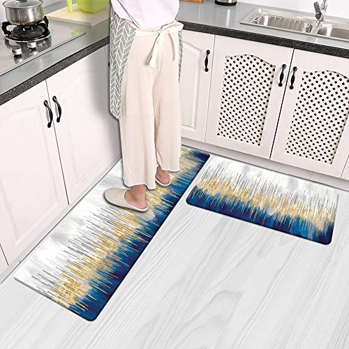 Colorful Star Waterproof Cushioned Kitchen Mats for Floor 2 PCS Leather Kitchen Rug Set NonSlip Anti Fatigue Mat for Kitchen Laundry Decor 17x2917x47 Abstract Blue Grey Art Painting  Gold Wave