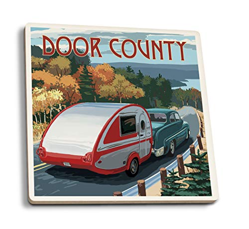 Door County Wisconsin Retro Camper Cruise (Absorbent Ceramic Coasters Set of 4 Matching Images Cork Back Kitchen Table Decor)