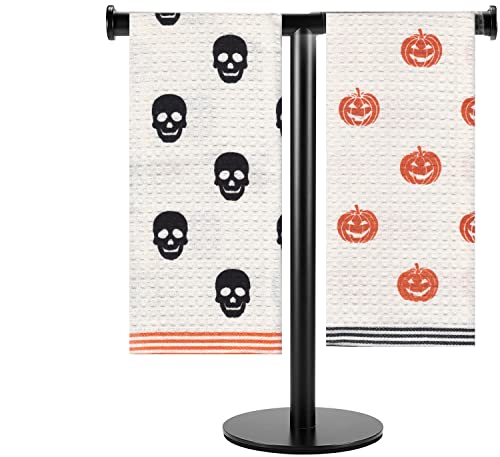 Halloween Kitchen Dish Towel Set Waffle Hand Towels with Hanging Loop Skulls and Pumpkin Images on White Towels for Your Fall and Halloween Home Decor